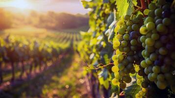 luxuriant vignoble baigné dans lumière du soleil avec mûr fruit attendre à être récolté dans le de pointe de été photo