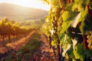 luxuriant vignoble baigné dans lumière du soleil avec mûr fruit attendre à être récolté dans le de pointe de été photo