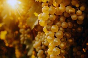 luxuriant vignoble baigné dans lumière du soleil avec mûr fruit attendre à être récolté dans le de pointe de été photo