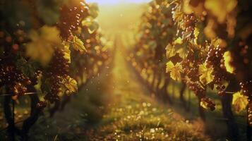 luxuriant vignoble baigné dans lumière du soleil avec mûr fruit attendre à être récolté dans le de pointe de été photo