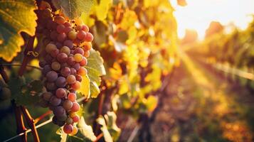 luxuriant vignoble baigné dans lumière du soleil avec mûr fruit attendre à être récolté dans le de pointe de été photo