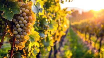 luxuriant vignoble baigné dans lumière du soleil avec mûr fruit attendre à être récolté dans le de pointe de été photo