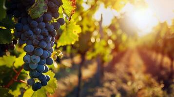 luxuriant vignoble baigné dans lumière du soleil avec mûr fruit attendre à être récolté dans le de pointe de été photo