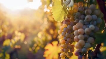 luxuriant vignoble baigné dans lumière du soleil avec mûr fruit attendre à être récolté dans le de pointe de été photo