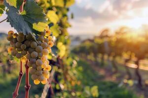 luxuriant vignoble baigné dans lumière du soleil avec mûr fruit attendre à être récolté dans le de pointe de été photo