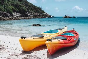 paire de coloré kayaks repos sur le rive, faire signe aventuriers à explorer caché criques photo