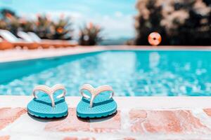 paire de tongs la gauche à le bord de piscine, signalisation insouciant été journée photo