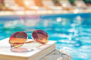 paire de des lunettes de soleil repos sur livre par le au bord de la piscine, incarnant paresseux été journées photo