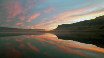 le coucher du soleil plus de tranquille lac, moulage chaud lueur plus de le l'eau et alentours paysage photo
