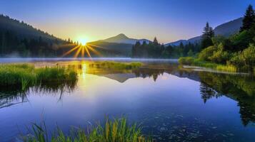 le coucher du soleil plus de tranquille lac, moulage chaud lueur plus de le l'eau et alentours paysage photo