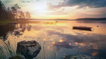 le coucher du soleil plus de tranquille lac, moulage chaud lueur plus de le l'eau et alentours paysage photo