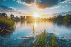 le coucher du soleil plus de tranquille lac, moulage chaud lueur plus de le l'eau et alentours paysage photo