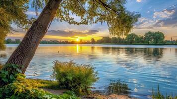 le coucher du soleil plus de tranquille lac, moulage chaud lueur plus de le l'eau et alentours paysage photo