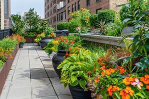 toit jardin oasis dans le cœur de le ville, épanouissement avec vibrant fleurs et verdoyant feuillage photo