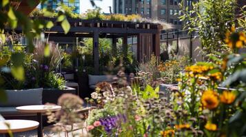 toit jardin oasis dans le cœur de le ville, épanouissement avec vibrant fleurs et verdoyant feuillage photo