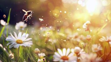 ensoleillé Prairie vivant avec le bourdonnant de les abeilles et le chant de grillons, symphonie de été des sons photo