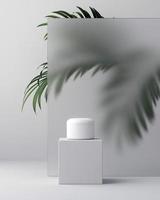 conception blanche de crème cosmétique naturelle, sérum, emballage de bouteille vierge de soins de la peau avec des feuilles d'herbe, produit bio biologique. concept de beauté et spa. illustration 3D.