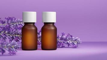 maquette de bouteille d'huile essentielle. à la fleur de lavande. fond violet lilas. concept de soins du corps et d'aromathérapie. illustration 3D.