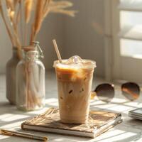 une frappe café sur une travail table dans une style bohème Bureau photo