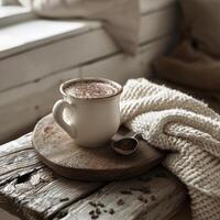 une cappuccino sur une travail table dans une style bohème Bureau photo