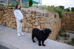 peu enfant fille en marchant sa chien sur le ville rue. adorable enfant profiter dépenses temps avec sa pedigree de race cocker épagneul, avoir avec avec sa animal de compagnie en plein air. en jouant animaux domestiques et gens concept photo