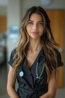 portrait de une femelle médecin habillé dans une spécial costume photo