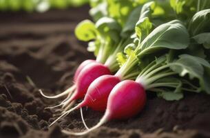 ferme Frais un radis sur mensonges sur le sol. concept de croissance Naturel des légumes. éco-produits. photo