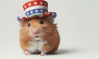 une marrant duveteux hamster dans une patriotique chapeau avec américain drapeau couleurs sur une blanc Contexte. le animal fête indépendance journée dans le Etats-Unis sur juillet 4ème. photo