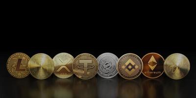 inclure des pièces de crypto-monnaie avec des symboles bitcoin litecoin et ethereum sur fond sombre réflexion illustration 3d photo