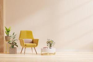 intérieur minimaliste moderne avec un fauteuil sur fond de mur de couleur crème vide. photo