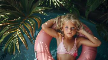 peu fille séance dans une bouée de sauvetage dans une piscine, Haut vue tropical Contexte photo