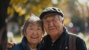 portrait de un vieux couple dans le parc dans le Matin photo