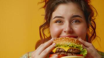 une femme mange une Hamburger, mauvais pour la santé nourriture, isolé Contexte photo