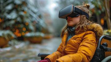 Jeune fille dans fauteuil roulant avec virtuel casque photo