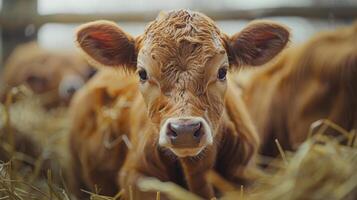 groupe de marron vaches permanent sur couvert d'herbe champ photo