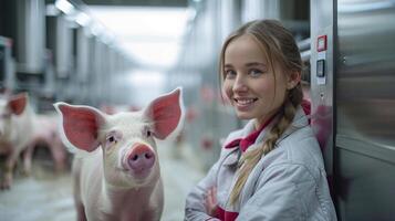 femme permanent suivant à porc dans Grange photo