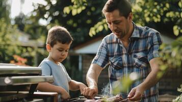 une père et le sien fils sont grillage nourriture sur le barbecue gril dans un Extérieur paramètre. photo