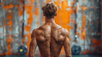 cette ciselé physique. Masculin retour muscles sculpté, mettant en valeur dévouement dans le salle de sport. photo