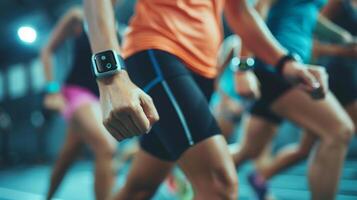 fermer de une coureurs bras avec une montre intelligente pendant un soir ville marathon, mise en évidence athlétique porter et mouvement. photo