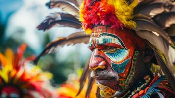 une homme avec vibrant visage peindre et plumes sur le sien diriger, mettant en valeur traditionnel tribal marquages et tenue. photo