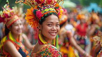 une groupe de femmes habillé dans vibrant costumes et orné avec élaborer coiffures supporter ensemble. photo