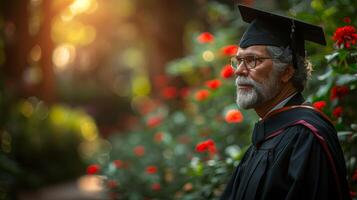 pensif académique dans l'obtention du diplôme robes à une été jardin la cérémonie photo