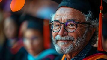 plus âgée homme portant des lunettes et l'obtention du diplôme casquette photo