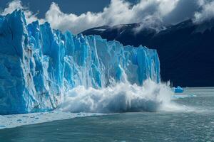 glacier vêlage avec la glace s'écraser dans Lac avec montagnes dans Contexte photo