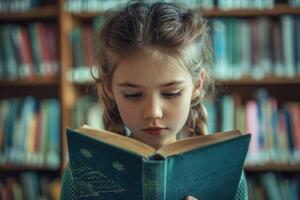 Jeune fille intensément en train de lire livre dans bibliothèque entouré par étagères. concept de éducation, connaissance, Littérature et intellectuel curiosité. photo