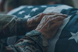 proche en haut de anciens combattants mains sur américain drapeau à militaire funérailles. honorer service, sacrifice, et Mémoire photo