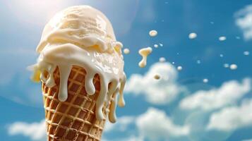 fusion vanille la glace crème scoop dans gaufre cône égouttage avec Lait contre brillant bleu ciel photo