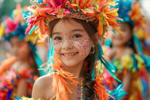 joyeux Jeune fille dans vibrant à plumes costume à coloré Festival parade. souriant enfant célébrer culturel tradition avec visage peindre et coiffure. photo