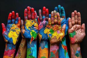 mains peint dans vibrant couleurs représentant monde unité et global harmonie photo