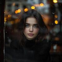 mignonne fille à la recherche en dehors le café fenêtre portant noir chandail, ai photo